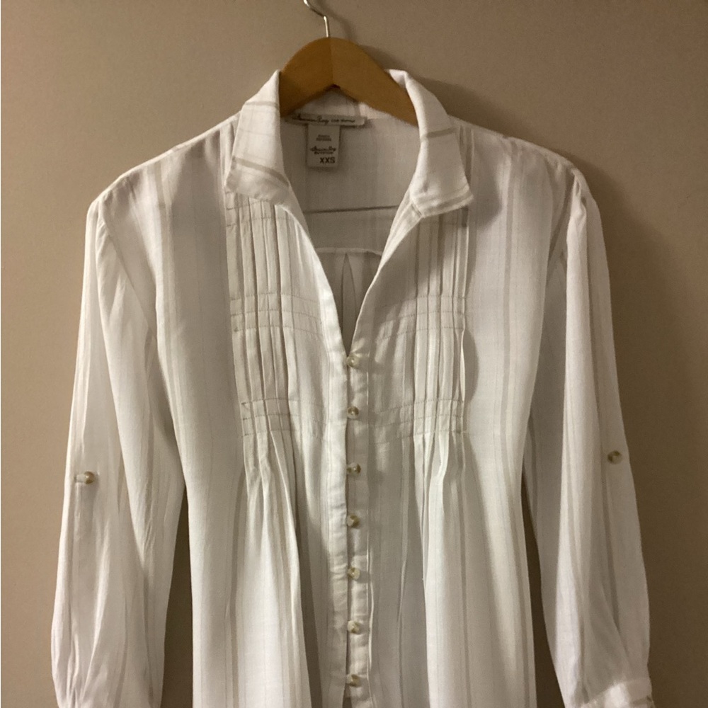 American Rag Cie XXS Peasant Pleated Front Blouse Tie Back White W Tan Stripes